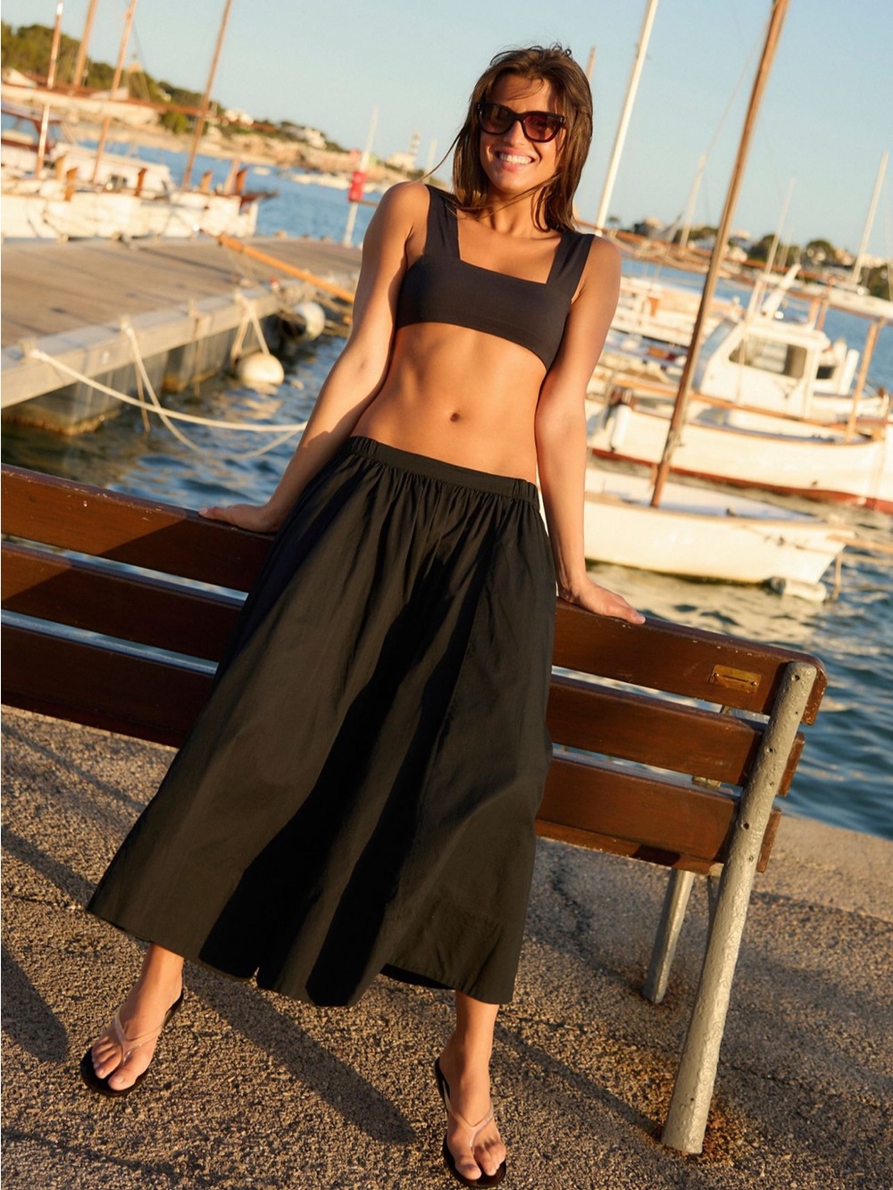 Free People Black Midi Skirt with Elastic Waist